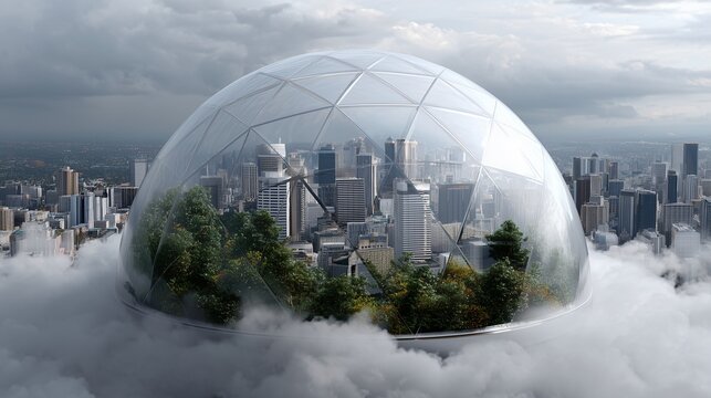 scene of a city's skyline with a transparent dome over it, showing clean air and green spaces inside, while the outside is polluted - Powered by Adobe