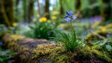 Bluebell wildflowers growing on mossy log, blurred background in forest