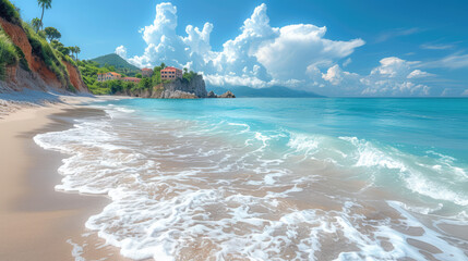 Idyllic coastal scene featuring turquoise water, sandy beach, and cliffs with hillside villas under a sunny sky.