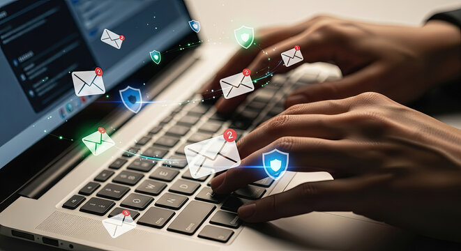 Email Marketing Campaign: Hands Typing on Laptop with Email Icons and Security Shields. Business Communication, Digital Security, and Data Protection.