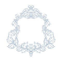 Wedding frame crest. Vintage baroque frame. Wedding crest ornate floral. Elegant monogram engraving border. Hand drawn line art frame for wedding invitation, card, decor. Luxury classic ornate crest.