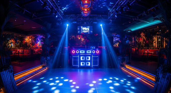 Interior view of a nightclub with dj booth, stage lighting, and decorative tropical elements ai generated