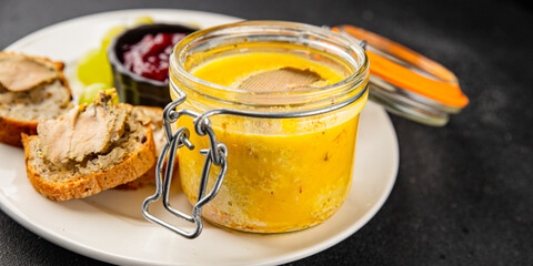 Foie gras goose liver appetizer delicacy fresh delicious gourmet food background on the table rustic food top view copy space