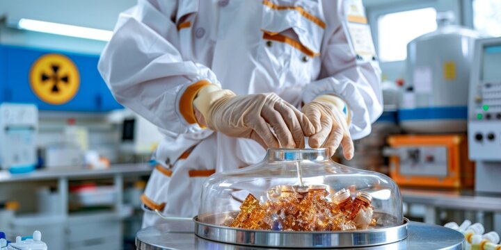 Nuclear physicist closing glass bell jar with radioactive material in laboratory - Powered by Adobe