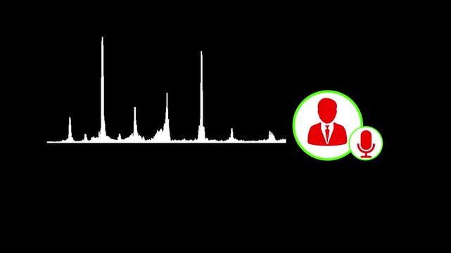 Virtual male character interview voice animation voice recording and podcast mic microphone button icon animation video. sound wave audio wave from isolated on black background. audio amplitude black.