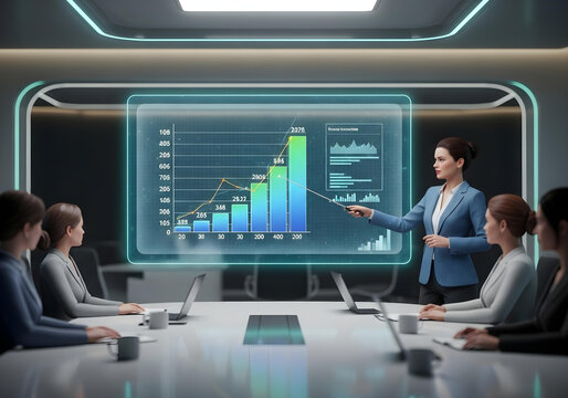 Business professional presenting a glowing futuristic holographic financial growth chart to attentive colleagues in a modern conference room