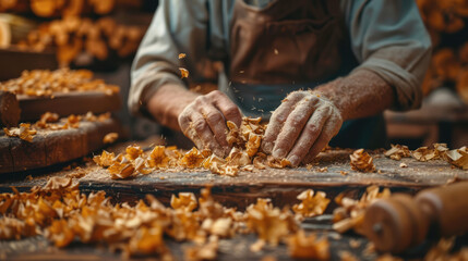 Hands of a woodworker covered in sawdust, crafting a piece of wood on a workbench in a workshop.