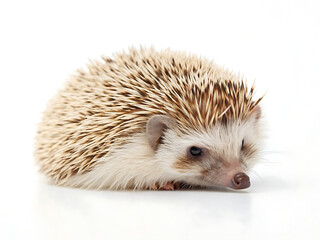 Obraz premium A close up shot of a cute hedgehog with brown and white quills on a white background in studio light