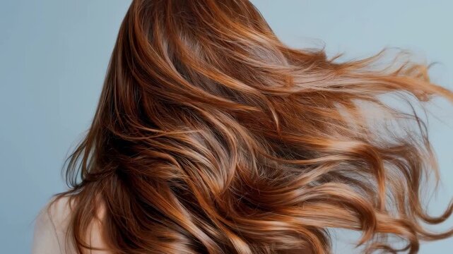 Long wavy brown hair flowing over shoulders against a plain light blue background. 4K video