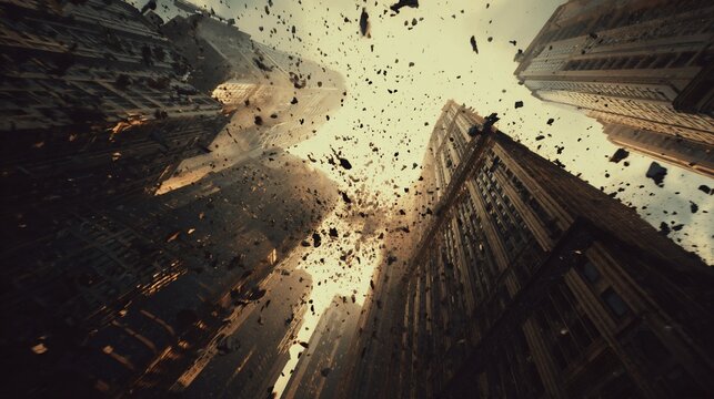 Buildings Imploding, Debris Falling Down in Urban Environment