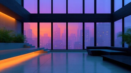 Fototapeta premium A large room with a view of the city at sunset
