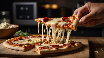 A hand pulling a slice of cheesy pepperoni pizza from a wooden board in a cozy kitchen.