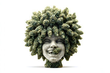 Stone head with a hairstyle made from marijuana weed buds and leaves in a fluffy Afro hairstyle, their mouth open with a giant cannabis bud inside it, smiling and happy 