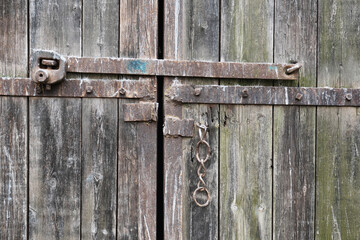 Fragment of old wooden gate with rusty iron locking mechanism. The surface of the wood is weathered and covered with mold. Background. Texture. Close-up.