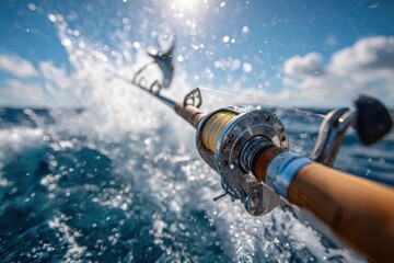 Experience the thrill of deep-sea fishing with a luxury rod against the backdrop of sparkling blue waters on a sunny afternoon adventure