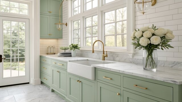 Modern kitchen with green cabinets, white marble countertop, and a farmhouse sink. Large windows provide natural light. A vase of white roses adds elegance.