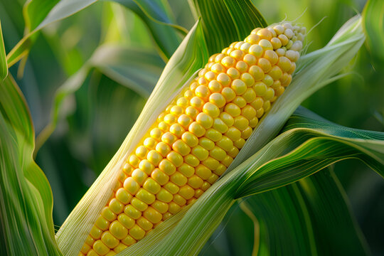 Dojrzała kolba kukurydzy w łusce na polu &ndash; zbliżenie ziaren w naturalnym świetle, rolnictwo i plon