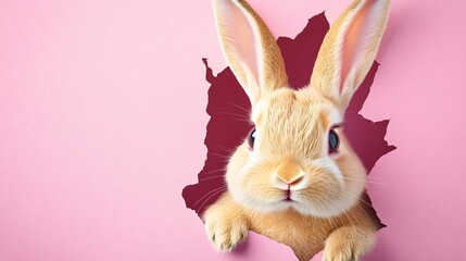 cute bunny peeking through a torn pink paper free copy space