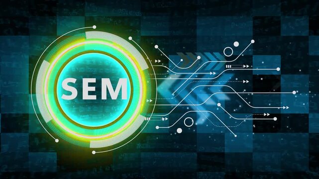 SEM &ndash; Search Engine Marketing. SEM concept head up display (HUD UI) panel and futuristic technology abstract background internet of things animation concepts
