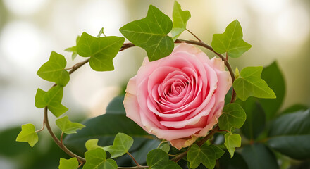 Close up of a pink rose surrounded by green ivy leaves with a blurred background in soft lighting ai generated