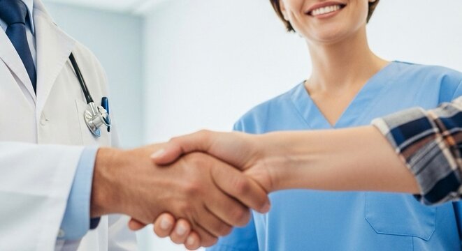 A doctor in a white coat and a stethoscope is shaking hands with a patient. A smiling nurse in light blue scrubs is standing next to them.