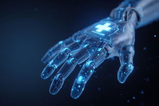 Medical innovation concept showcasing a blue futuristic digital prosthetic hand with a cross symbol representing healthcare advancements in technology