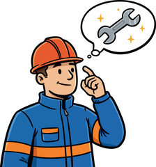 Fototapeta premium Construction worker thinking about wrench tool vector illustration in blue and orange outfit 