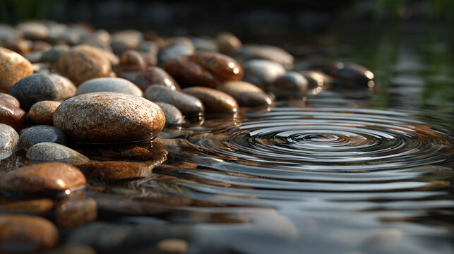 Dark brown stones resting peacefully in clear, tranquil water with gentle ripples, evoking calmness and natural serenity in a minimalist setting.

