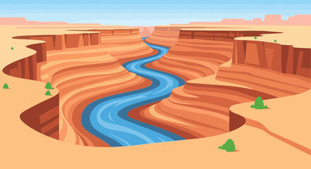 Cartoon rendition of a magnificent canyon vista with a flowing river carving through
