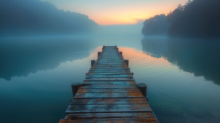 Fototapeta premium Mist over calm waters, leading to a serene horizon via a weathered wooden dock, at dawn or dusk.