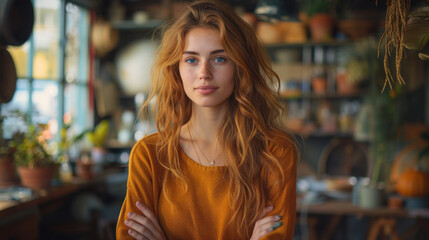 Portrait of a girl with long ginger hair and blue eyes, standing with arms crossed in a cluttered room