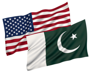 United states and pakistan flags waving together symbolizing international relations and diplomacy ties on transparent background