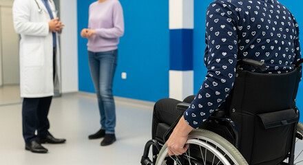 A person in a wheelchair is in the foreground, while a doctor speaks to another person in the background of what appears to be a hospital room.