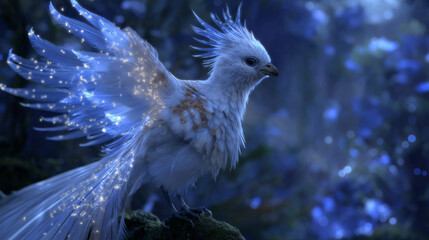 A white bird with blue eyes, glowing light feathers, and a long tail, holding out its wing to release sparkles in the air.