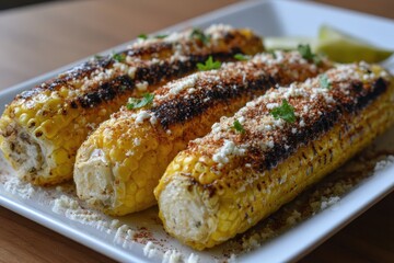 Delicious elotes with grilled corn, queso, and spices served on a plate for an authentic Mexican street food experience