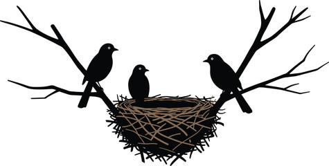 A striking vector illustration of a bird family. Two adult birds and one small fledgling are silhouetted on a branch with a nest, symbolizing protection and home.