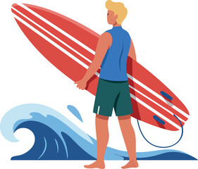 Male surfer with red surfboard standing near blue ocean wave in summer vector illustration 