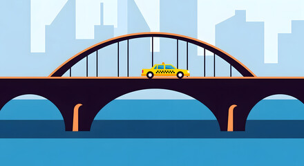 Obraz premium Isometric Taxi Crossing a City Bridge