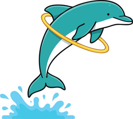 Obraz premium Dolphin jumping through yellow ring over blue splash vector illustration 