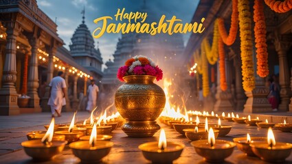 A beautiful temple scene illuminated with candles and flowers for janmashtami, a hindu festival, creating a spiritual and celebratory atmosphere in traditional indian culture