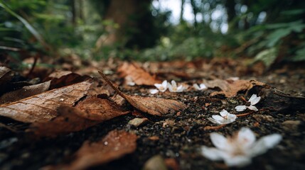 Close-up forest floor scene with fallen leaves and scattered white flowers