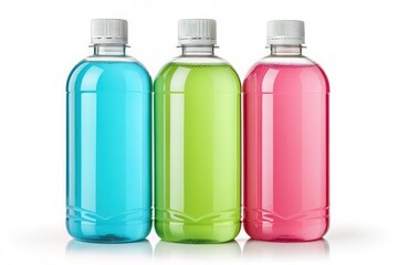 Three colorful plastic bottles of refreshing beverages on a white background