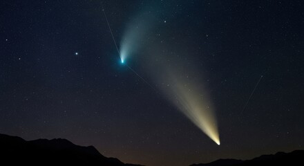 Two bright comets grace the night sky above a dark landscape
