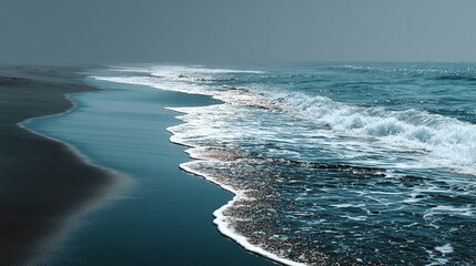 Dark volcanic sand beach contrasted with white surf foam gently washing ashore, capturing the raw beauty and dramatic textures of a pristine coastal landscape.

