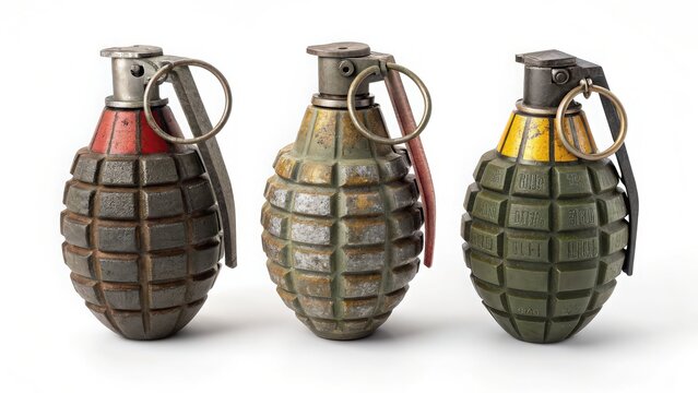 Three distinct hand grenades with textured exteriors and safety pins