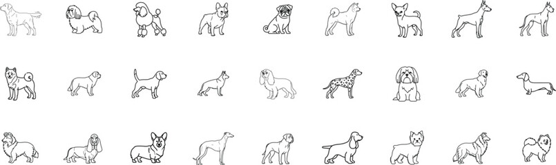 Dog Breeds line icon set. Vector pictograms of labrador, golden retriever, german shepherd, bulldog, beagle, poodle, dachshund, pug, shih tzu, maltese, yorkshire terrier thin linear illustration.