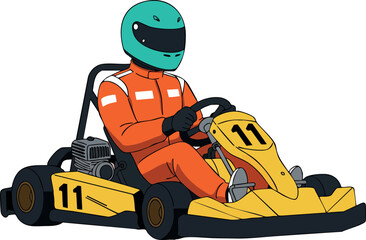 Obraz premium Go-kart racing driver in orange suit and green helmet driving yellow kart with number eleven vector illustration 