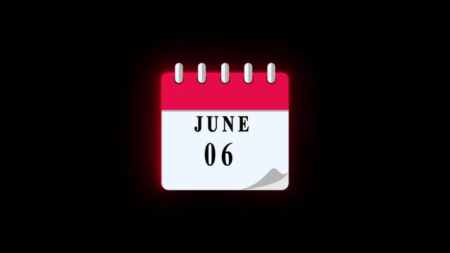 06 June date calendar icon animation, calendar icon video, calendar moving neon black background animation.