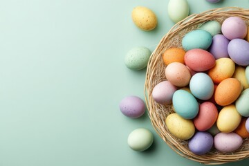 Easter eggs in a nest on a pastel green background