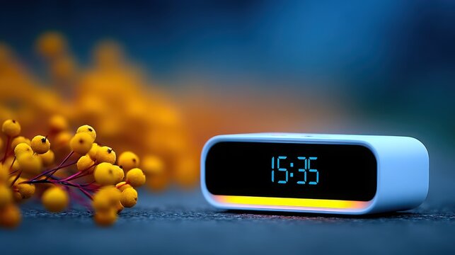 A white alarm clock with the time 15:35 on it